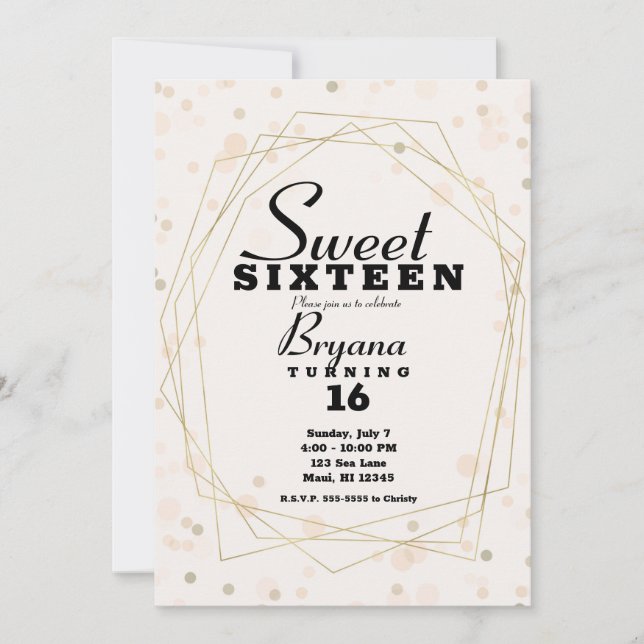 Rosa Taupe Dots & Guld Geometric Modern Sweet 16 Inbjudningar (Framsida)