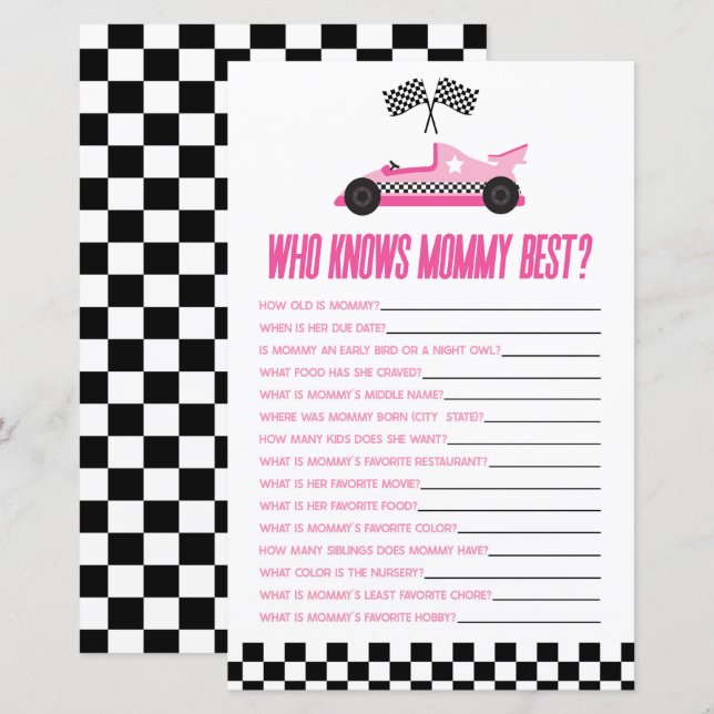 Rosa tävlingsbil Vem vet mammas baby shower-spel (Fram/baksida)