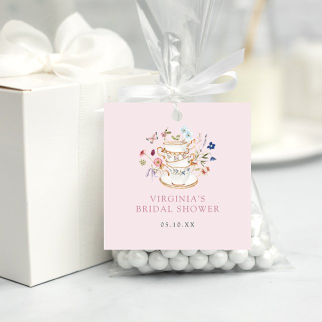 Rosa Te-partaj Bröllopsdusch Gåvor Etiketter (Floral Pink Tea Party Bridal Shower Favor Tags by Painted Paperie
)