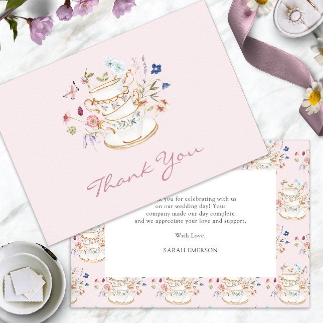Rosa Te-partaj Bröllopsdusch Tack Kort (Pink Tea Party Bridal Shower Thank You Card with Butterfly by Painted Paperie
)