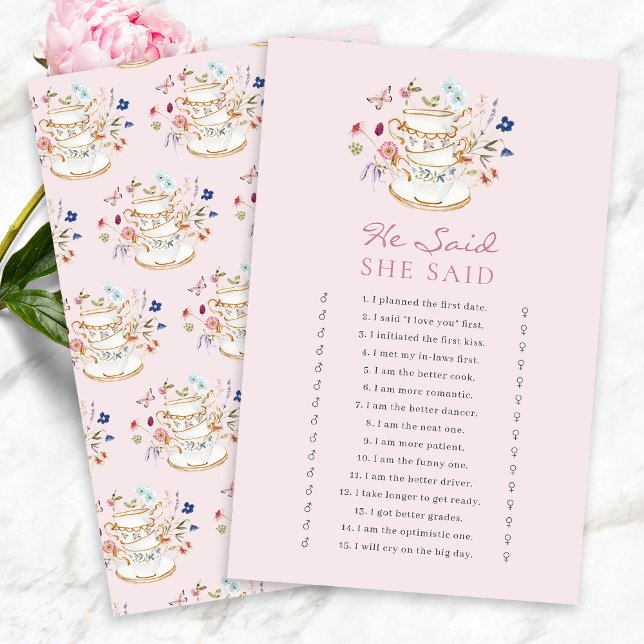 Rosa Te-partaj Bröllopsspel (Pink Tea Party Bridal  Shower He Said She Said Game by Painted Paperie
)