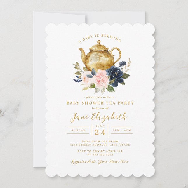 Rosa Tea Party A Baby brinner babyskor Inbjudningar (Framsida)