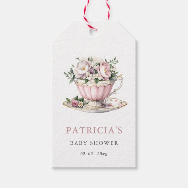  Rosa Tea Party Baby Shower Presentetikett (Framsidan)