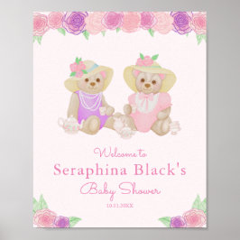 Rosa Tea Party Bears Baby Shower Välkommen Poster
