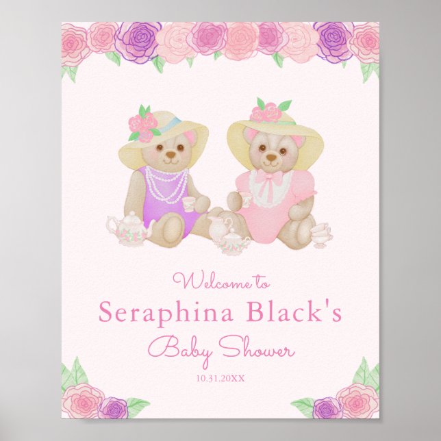 Rosa Tea Party Bears Baby Shower Välkommen Poster (Framsidan)