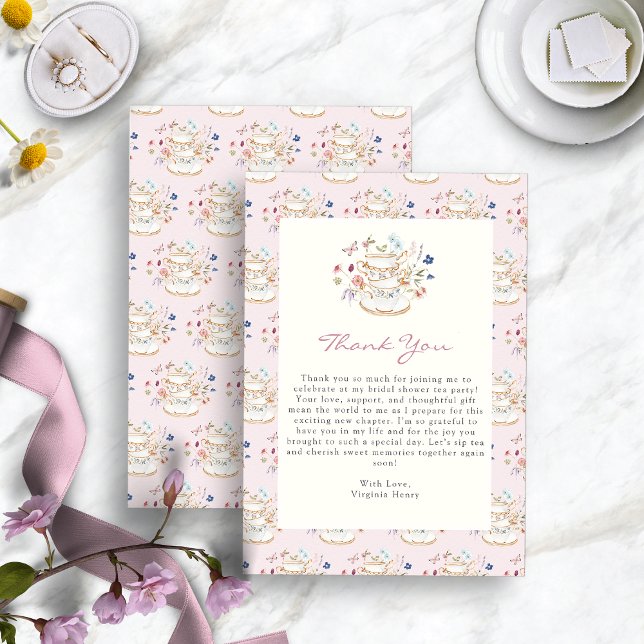 Rosa Tea Party Bröllopsdusch Tack Kort (Pink Floral Tea Party Bridal Shower Thank You Card by Painted Paperie
)