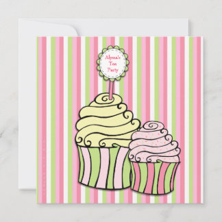 Rosa Tea Party Cupkaka Stripe Party Inbjudan