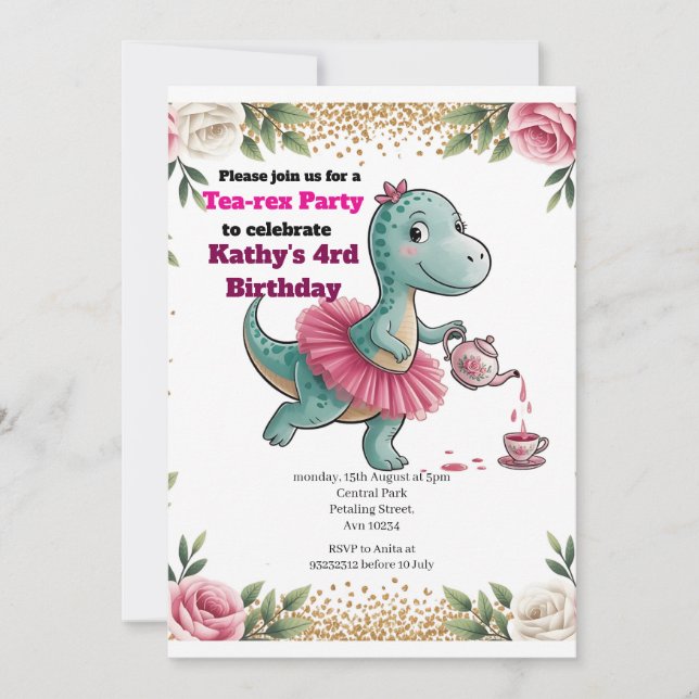 Rosa Tea Party Dinosaur 4:e födelsedagsinbjudan Inbjudningar (Framsida)