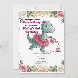 Rosa Tea Party Dinosaur 4:e födelsedagsinbjudan Inbjudningar