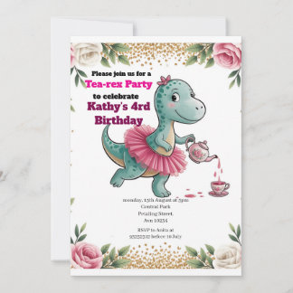 Rosa Tea Party Dinosaur 4:e födelsedagsinbjudan Inbjudningar
