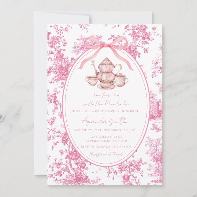 Rosa Tea Party Floral Toile Barnkalas Inbjudningar (Framsida)