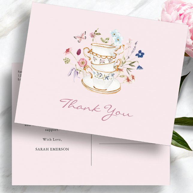 Rosa Tea Party Möhippa Vykort (Pink Wildflower Tea Party Bridal Shower Postcard with Butterfly by Painted Paperie
)
