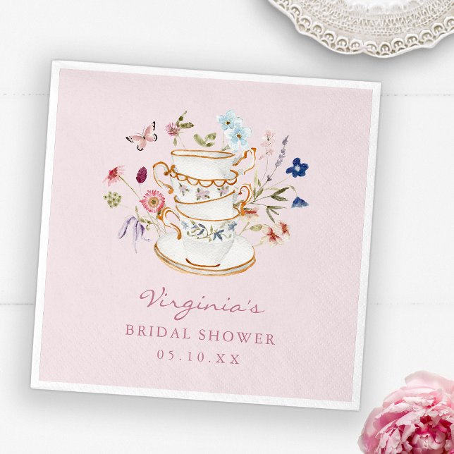 Rosa Tea Party Pappers Tallrik Pappersservett (Pink Tea Party Paper Napkins with Butterfly by Painted Paperie
)