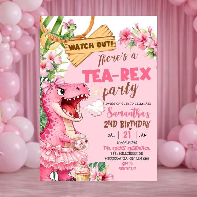 Rosa Tea Rex På Löst Flicka Födelsedag Inbjudningar (Skapare uppladdad)