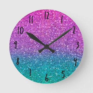 Rosa Teal Aqua Blå & Lila Glittrande Glitter Rund Klocka