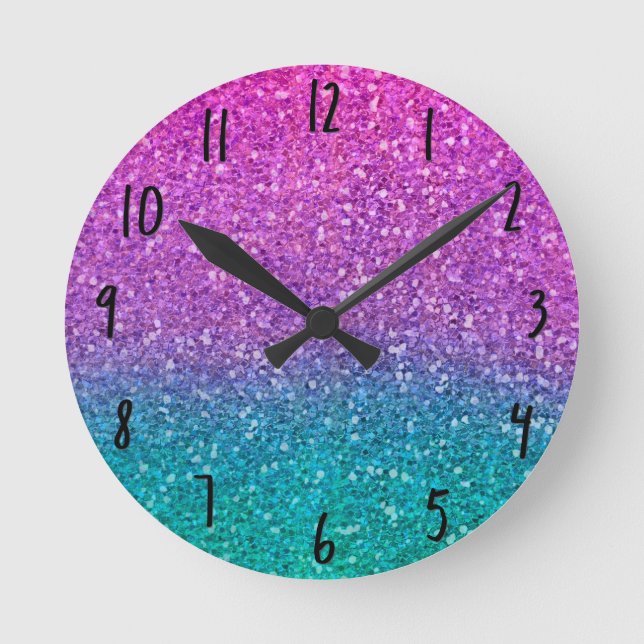 Rosa Teal Aqua Blå & Lila Glittrande Glitter Rund Klocka (Framsida)