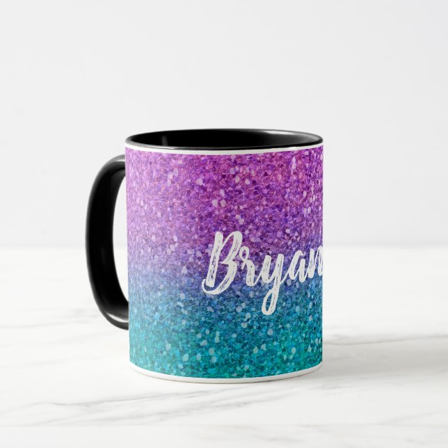 Rosa Teal Aqua Blue & Lila Sparkly Glitter Mugg (Framsida vänster)