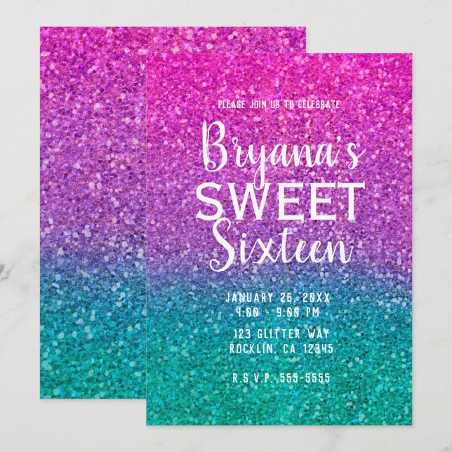 Rosa Teal Aqua  & Lila Glittrande Glitter Sweet 16 Inbjudningar (Fram/baksida)