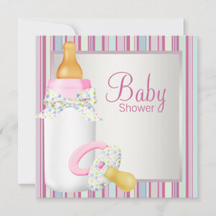 Rosa Teal Babyflaska Smultron Barn Babyshower Inbjudningar