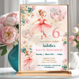 Rosa Teal Blommigt Blond Ballerina Girl Birthday Inbjudningar