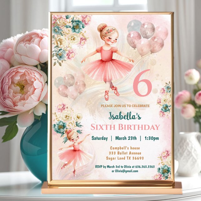 Rosa Teal Blommigt Blond Ballerina Girl Birthday Inbjudningar (Pink Teal Floral Blond Ballerina Girl Birthday Invitation)