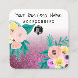 Rosa Teal Blommigt Glitter Logotyp Keychain-Visnin Fyrkantigt Visitkort