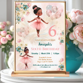 Rosa Teal Blommigt Mörk Skin Ballerina Girl Birthd Inbjudningar