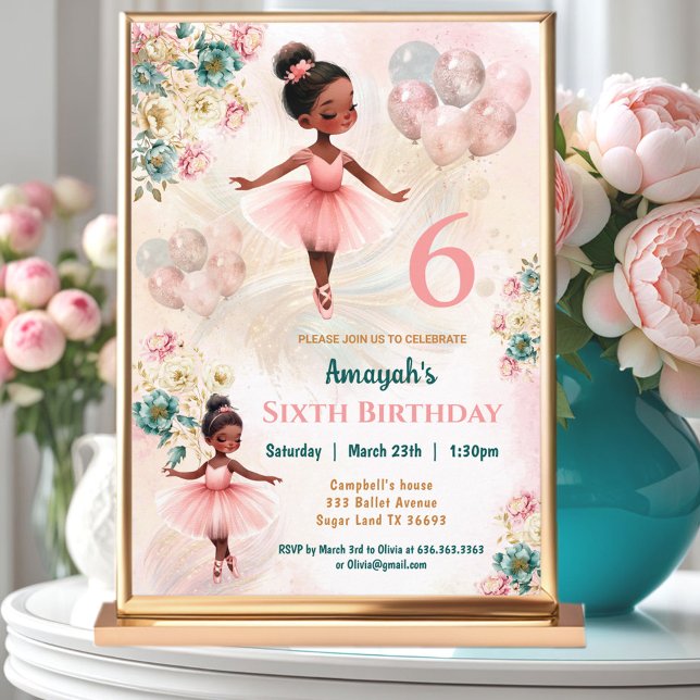 Rosa Teal Blommigt Mörk Skin Ballerina Girl Birthd Inbjudningar (Pink Teal Floral Dark Skin Ballerina Girl Birthday Invitation)