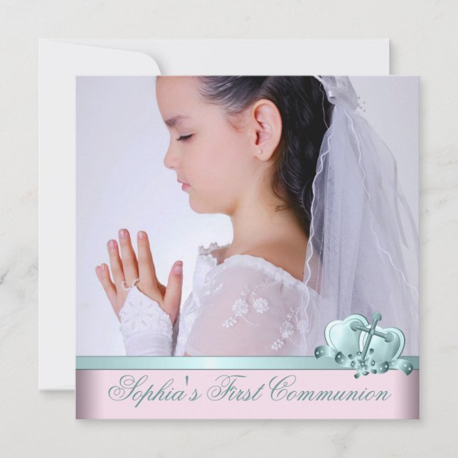 Rosa Teal Blue Photo First Communion-inbjudningar Inbjudningar (Framsida)
