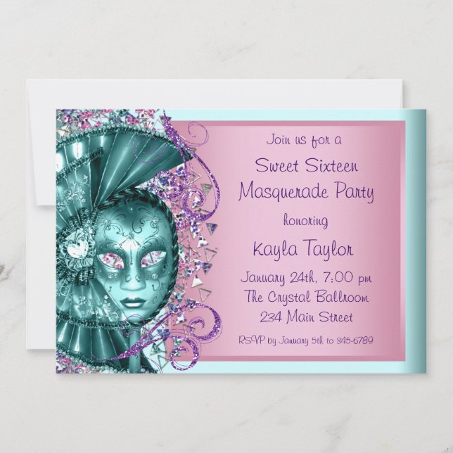 Rosa Teal Blue Sweet sixteen MasqueraParty Inbjudningar (Framsida)