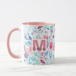 Rosa Teal Blue Vår Watercolor Flowers Monogram Mugg