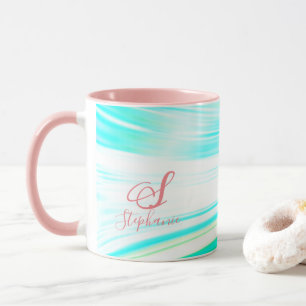 Rosa Teal Blue Wave Monogram Initialer Abstrakt Mugg