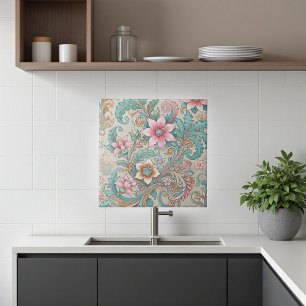 Rosa Teal Boho Batik indonsian Watercolor Blommigt Kakelplatta