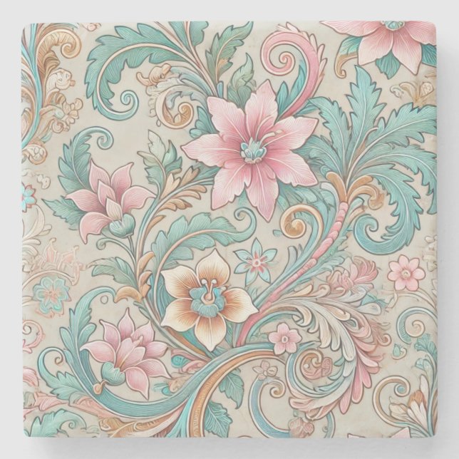 Rosa Teal Boho indonesisk batik Blommigt Vattenfär Stenunderlägg (Framsidan)