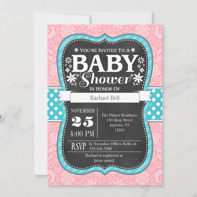 Rosa Teal Chalkboard Blommigt Baby Shower Inbjudan (Framsida)