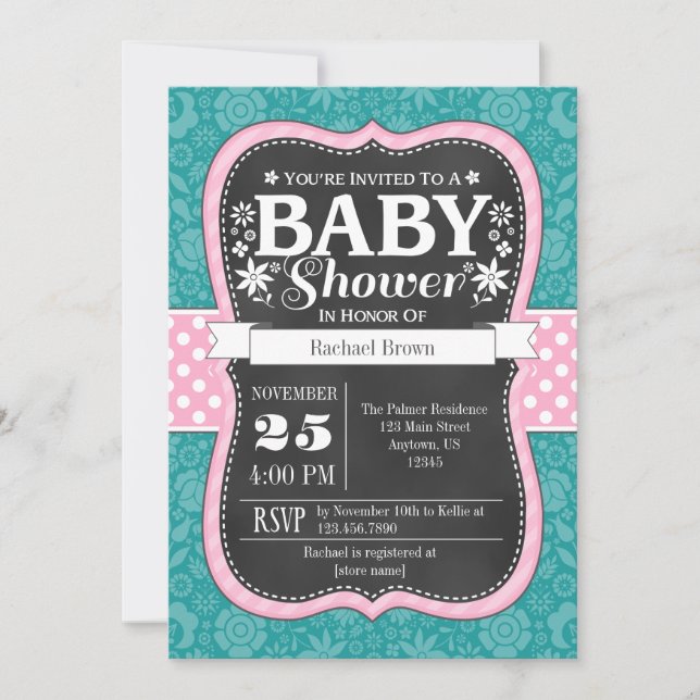 Rosa Teal Chalkboard Blommigt Baby Shower Inbjudan (Framsida)