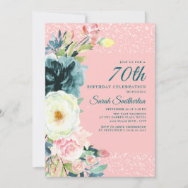 Rosa Teal Cream Blommigt 70:e födelsedagen Inbjudningar
