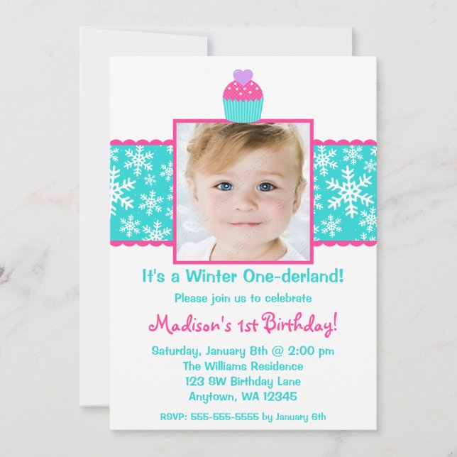 Rosa Teal Cupkaka Snowflake Birthday Flickfoto Inbjudningar (Framsida)
