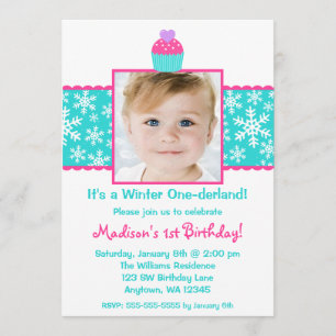 Rosa Teal Cupkaka Snowflake Birthday Flickfoto Inbjudningar