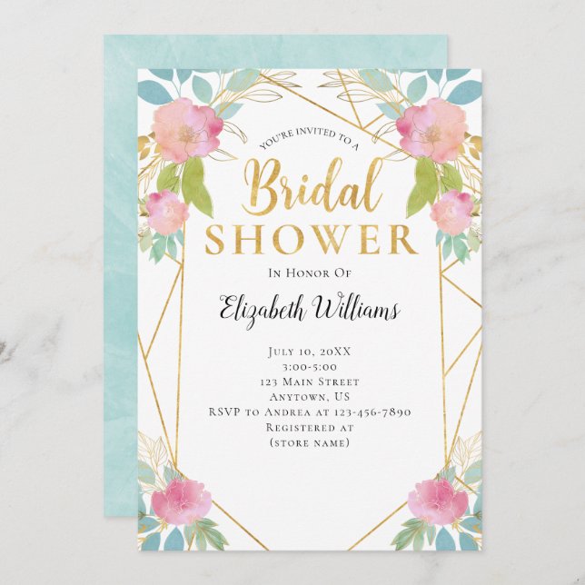 Rosa Teal Flowers Geometric Ram Möhippa Inbjudningar (Fram/baksida)