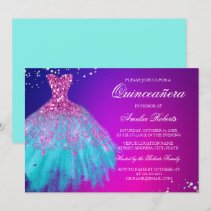 Rosa teal glänsande klänning Quinceanera-inbjudan Inbjudningar