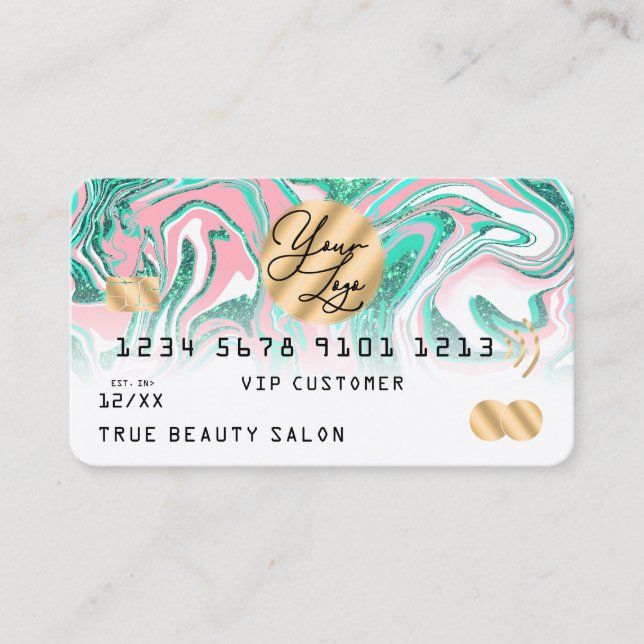 Rosa Teal Glitter Marble Kredit Card Logotyp Visitkort (Framsida)