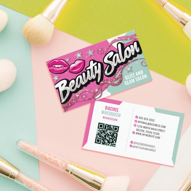 Rosa Teal Glitter Retro Pop Art Beauty Salon Visitkort (Skapare uppladdad)