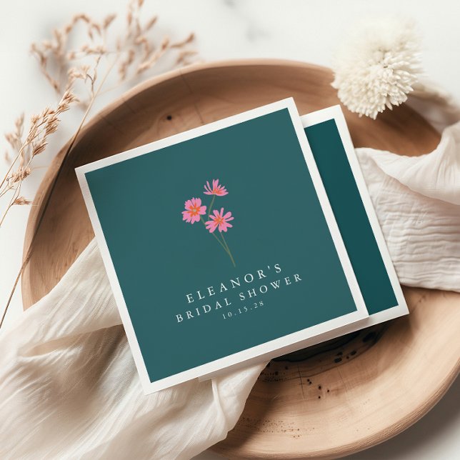 Rosa Teal Gröna Blommor Boho Anpassad Bröllopsdusc Pappersservett (Skapare uppladdad)