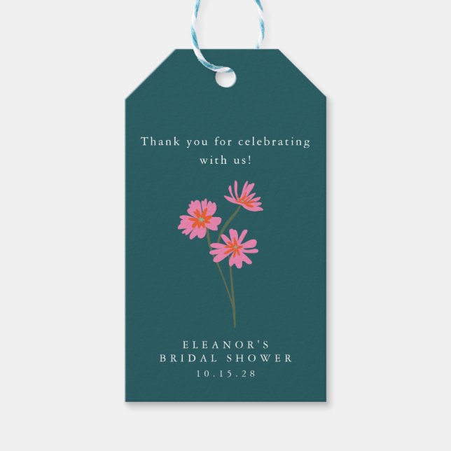 Rosa Teal Gröna Blommor Boho Anpassad Bröllopsdusc Presentetikett (Framsidan)