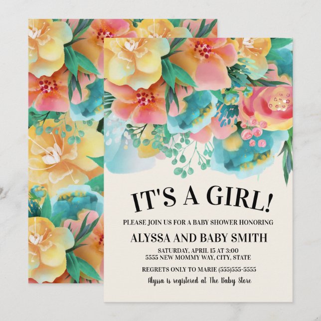 Rosa Teal Gul Blommig Baby Shower Inbjudan (Fram/baksida)