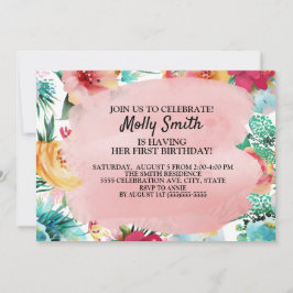 Rosa Teal Gula blommor Girl First Birthday Inbjudningar