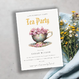 Rosa Teal Guld Blommigt Tekopp Birthday Tea Party Inbjudningar