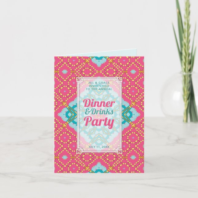 Rosa Teal Guld Boho Chic Middag Drickor Party Inbjudan (Framsida)