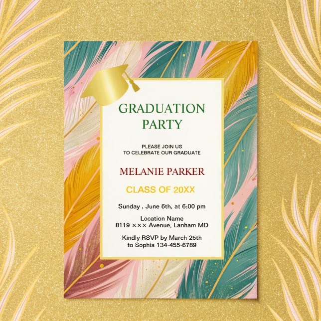 Rosa Teal Guld College Graduation Party Inbjudningar (Skapare uppladdad)